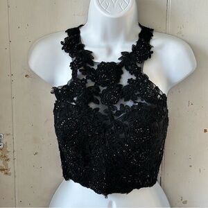 Shail K. Black Beaded & Lace Fancy Formal Halter Bustier Top